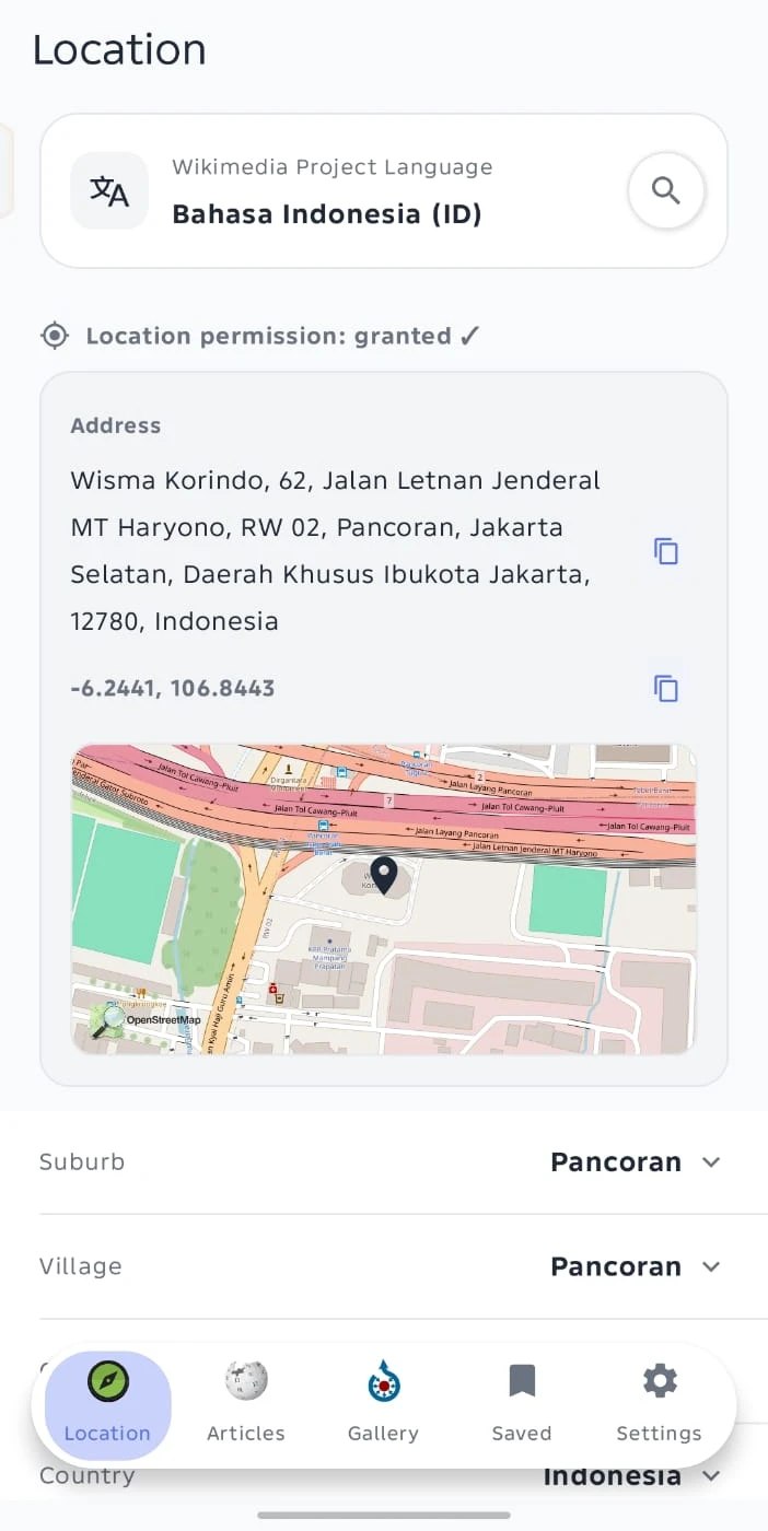 Wikilokal di Android: halaman Lokasi